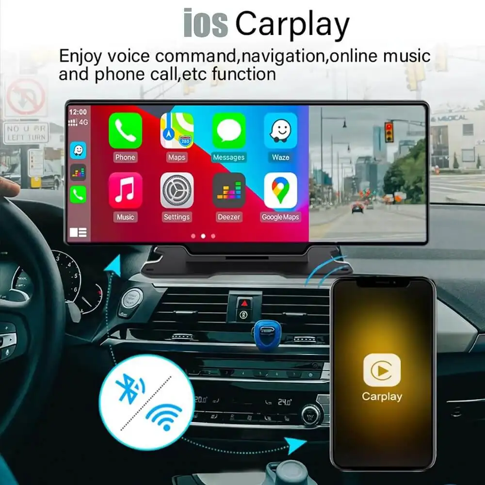 10.26 Inch Touch Screen 2K Car Portable Wireless Apple CarPlay Android Radio Multimedia GPS dual lens Dash Cam 1080P Stereo