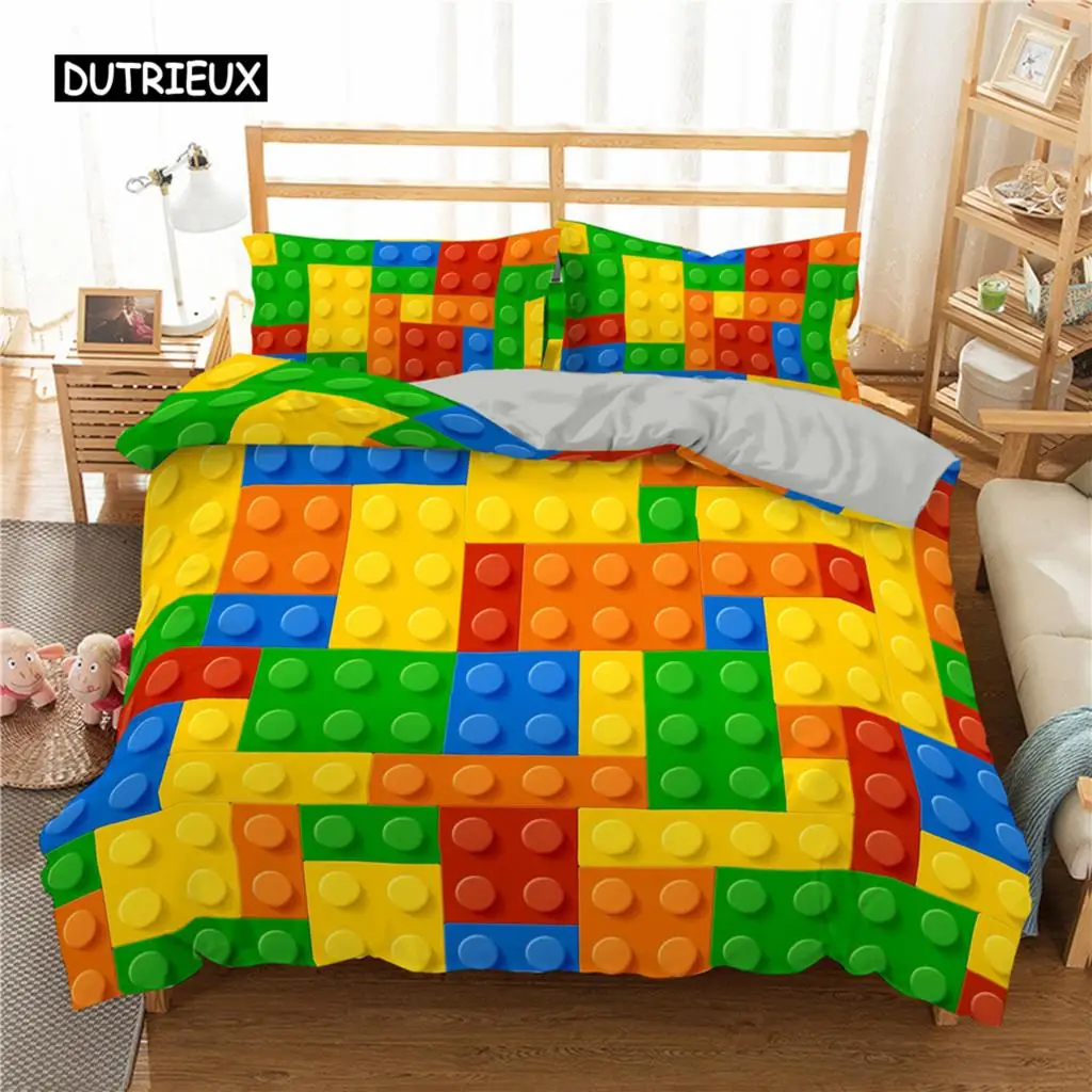 3D Building Block Pattern Duvet Cover Polyester King Queen Quilt Covers Game Bedding Set with Pillowcase Home Decor for Kids Boy