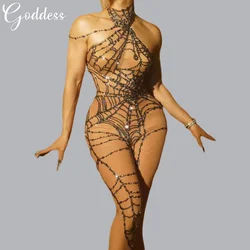 Sparkly Spider Web Rhinestones Jumpsuit Transparent Sexy Jumpsuit Performance Costume Birthday Party Bar Singer Show Stage Wear