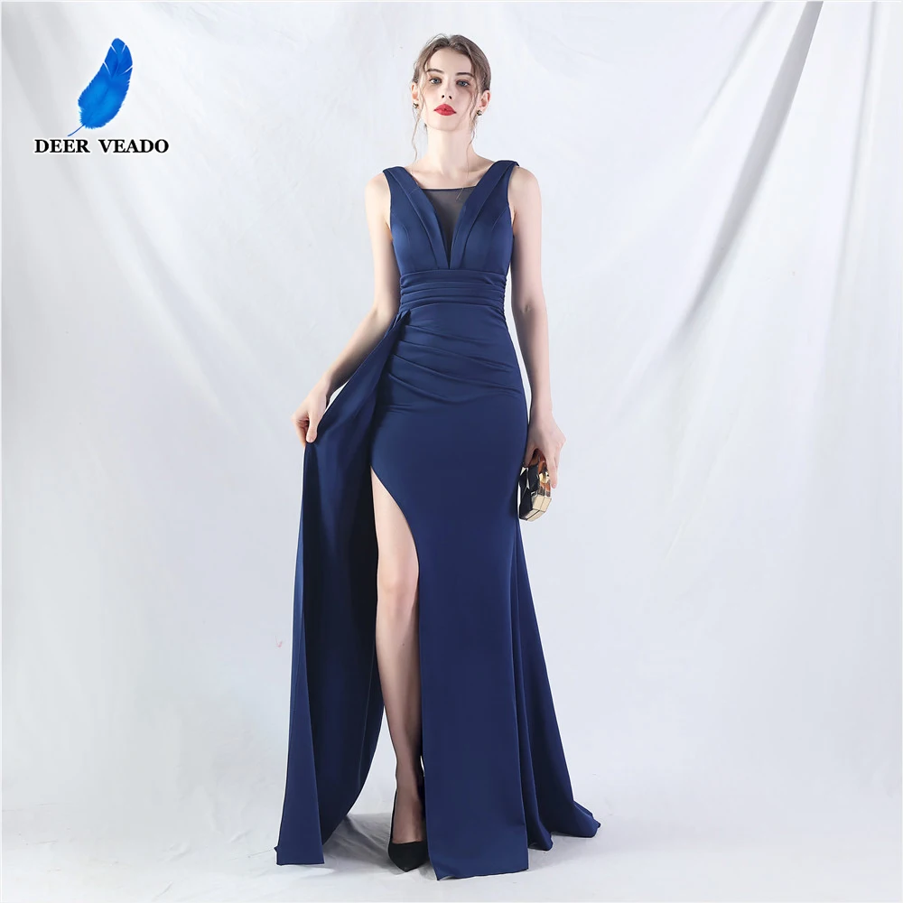 

DEERVEADO 8 Colors Evening Dresses Long Women's Sexy Mermaid Slit Party Dress for Formal Occasion Soft Satin Prom Dresses Gala