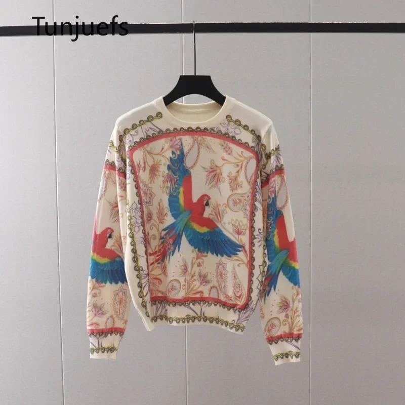 

Cute Autumn Winter Women's Sweater Pullovers Animal Bird Flower Print Long Sleeve Wool Knit Tops Korea Y2k Jumper Jersey Blouse