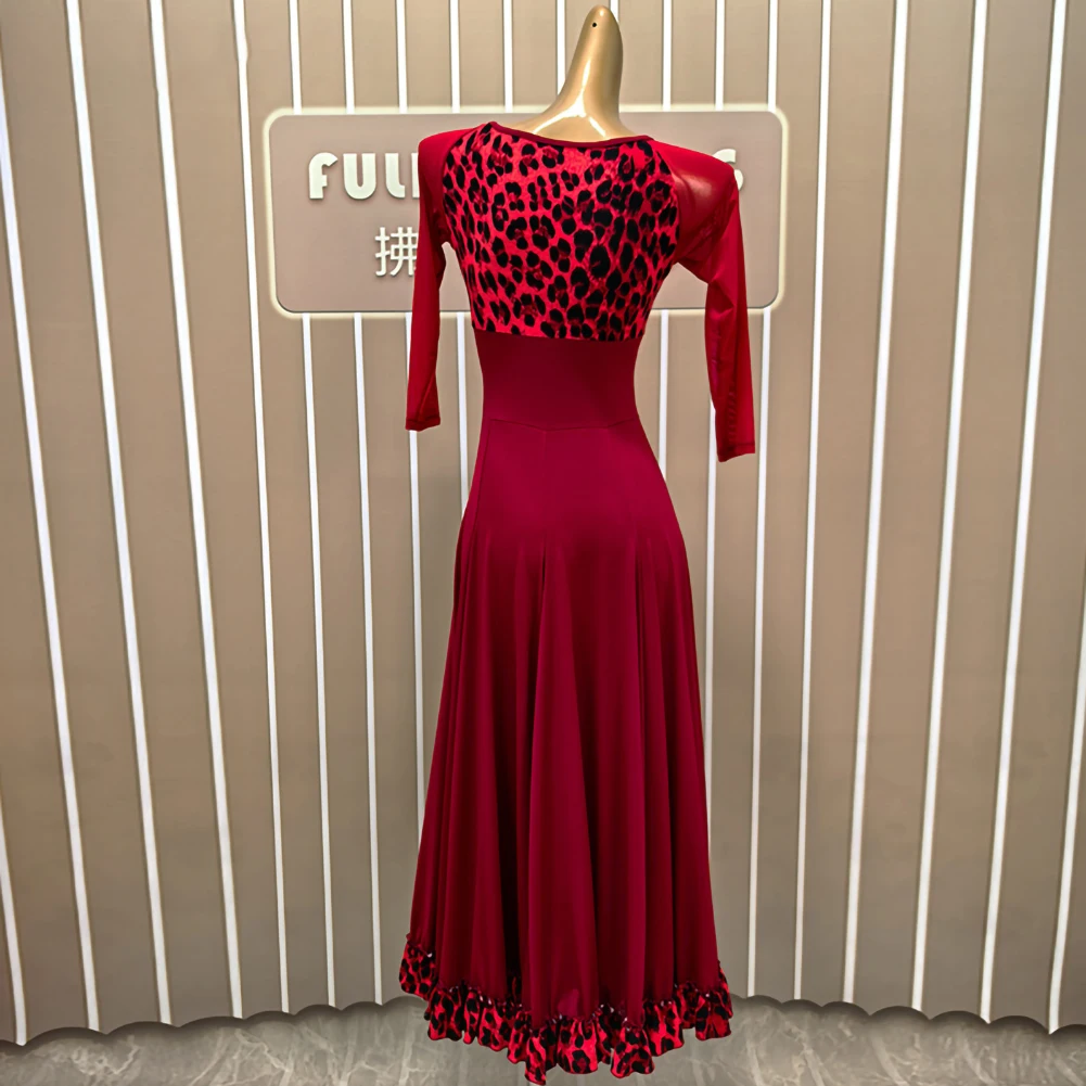 Nieuwe jurk marineblauw ballroomdans oefenpak wijnrood moderne walsjurk met middellange mouwen