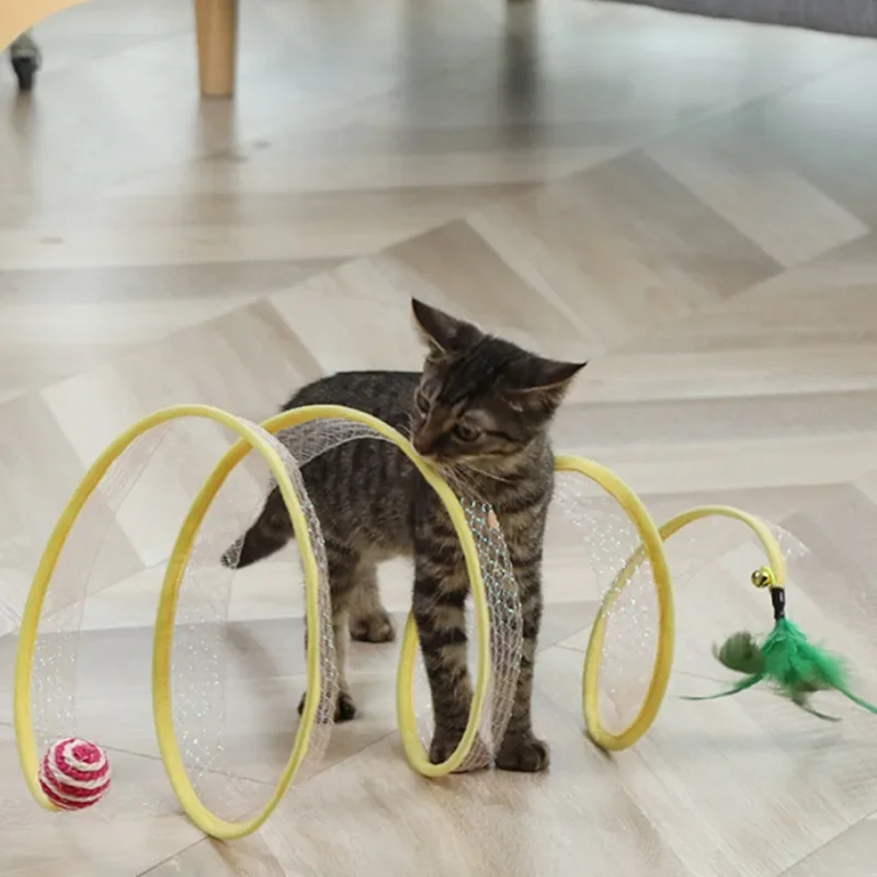 Folded S Type Tunnel for Cats, Spring Toy, Mouse Tunnel with Balls and Crinkle, Outdoor Cat Toys for Kitten Interactive