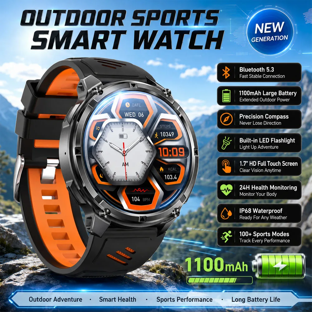 YAOCX AMOLED Smartwatch Men 1100mAh Sports Modes Compass Rugged Outdoor Sport IP68 Waterproof Call 1.70 HD Large Screen Watches