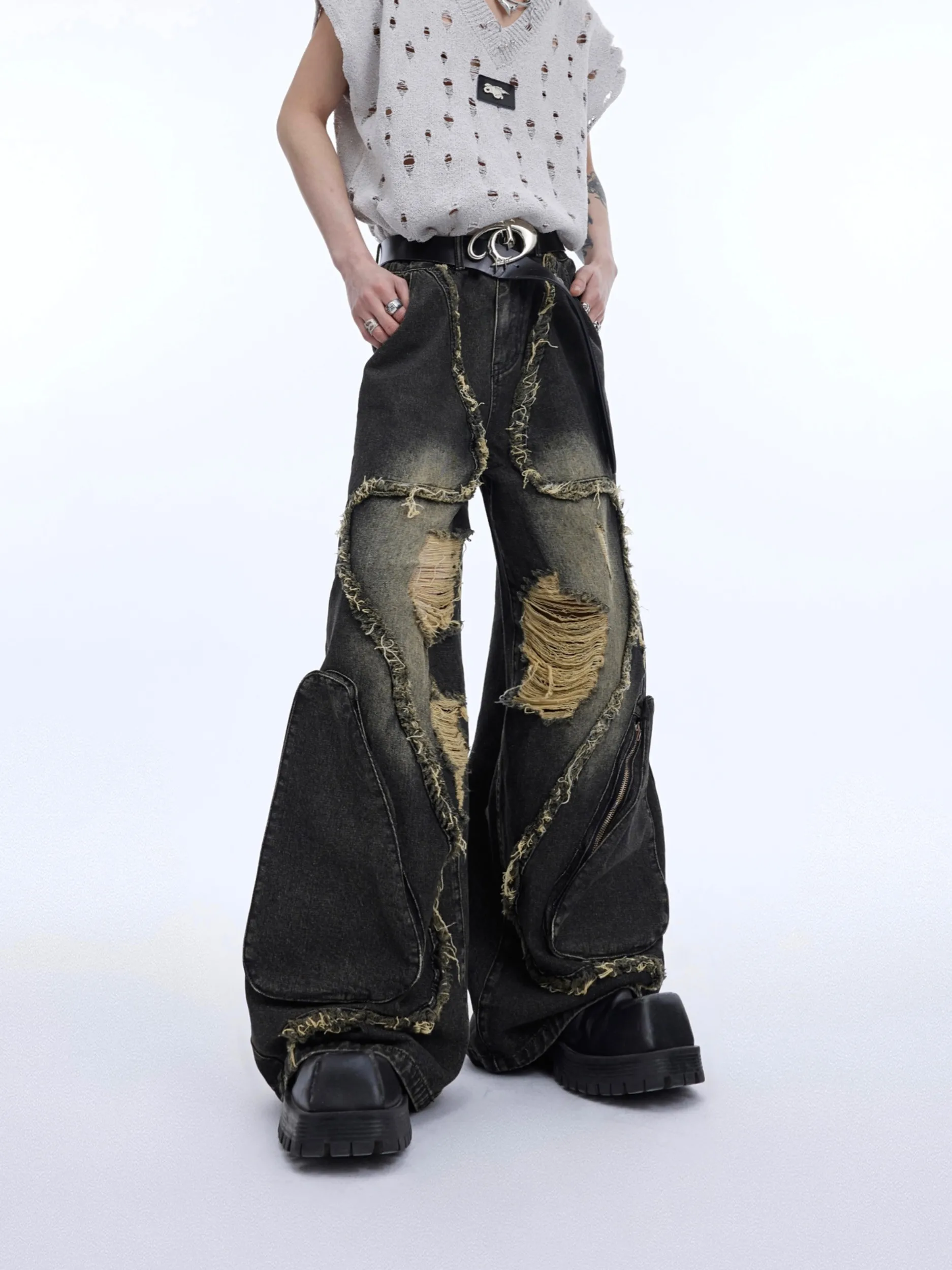 Retro Faded Denim Jeans with Fringe And Hole Design Casual Straight Leg Workwear Trousers Large Pocket Detail Cotton Blend