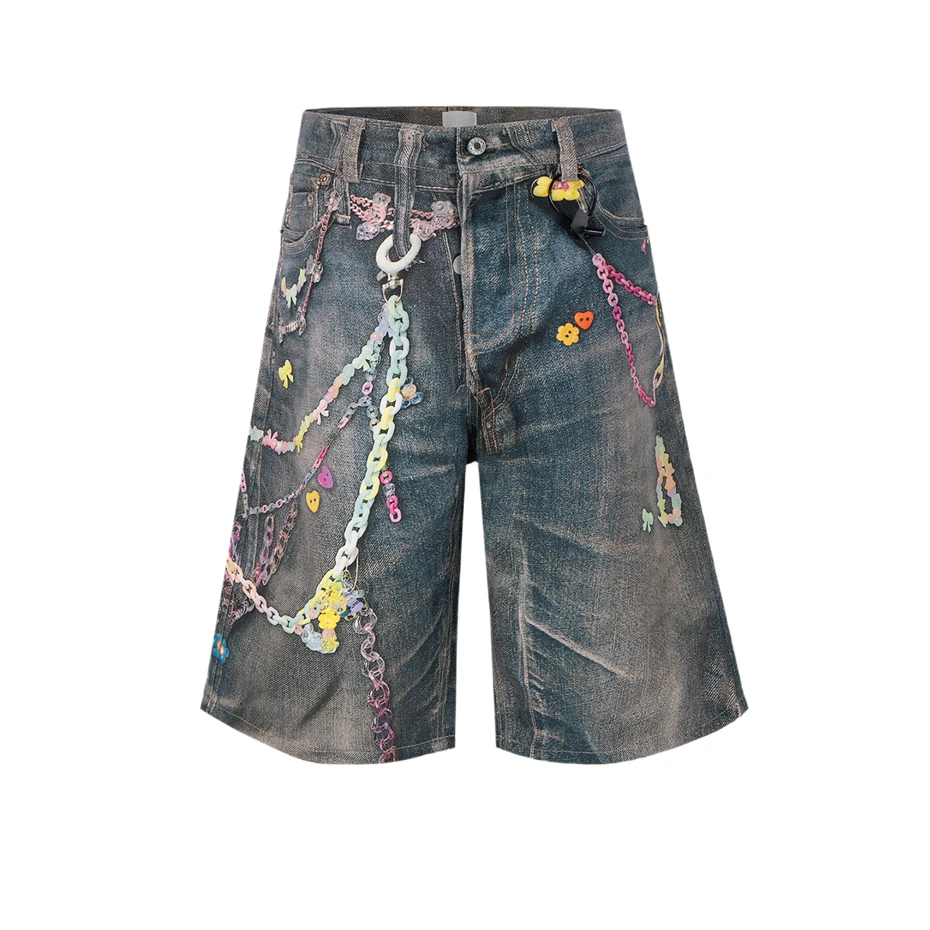 Fashion Print Denim Shorts Mens Streetwear Hip Hop Washed Jeans Short Men Harajuku Vintage Baggy Knee Length Pants Male