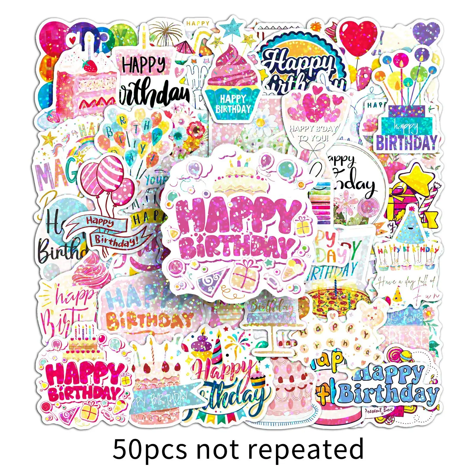 50PCS New Happy Birthday Graffiti Stickers Shiny Style Cartoon Decoration DIY Kids Toys Laptop Guitar Car Bike Skateboard Decals