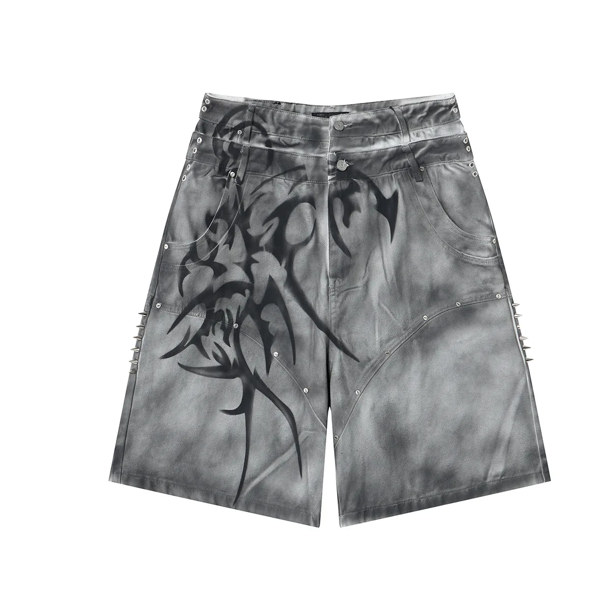 

Men's High Street oversized Hip Hop Jeans Short With Stud Urban Style Flame Print Streetwear Denim Shorts Loose Fit Edgy Shorts