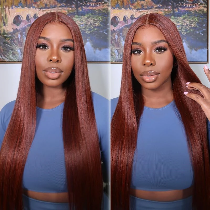 Reddish Brown HD Lace Front Wig Human Hair Straight Colored Human Hair Wigs 180% Full Density Copper Red Lace Frontal Wig