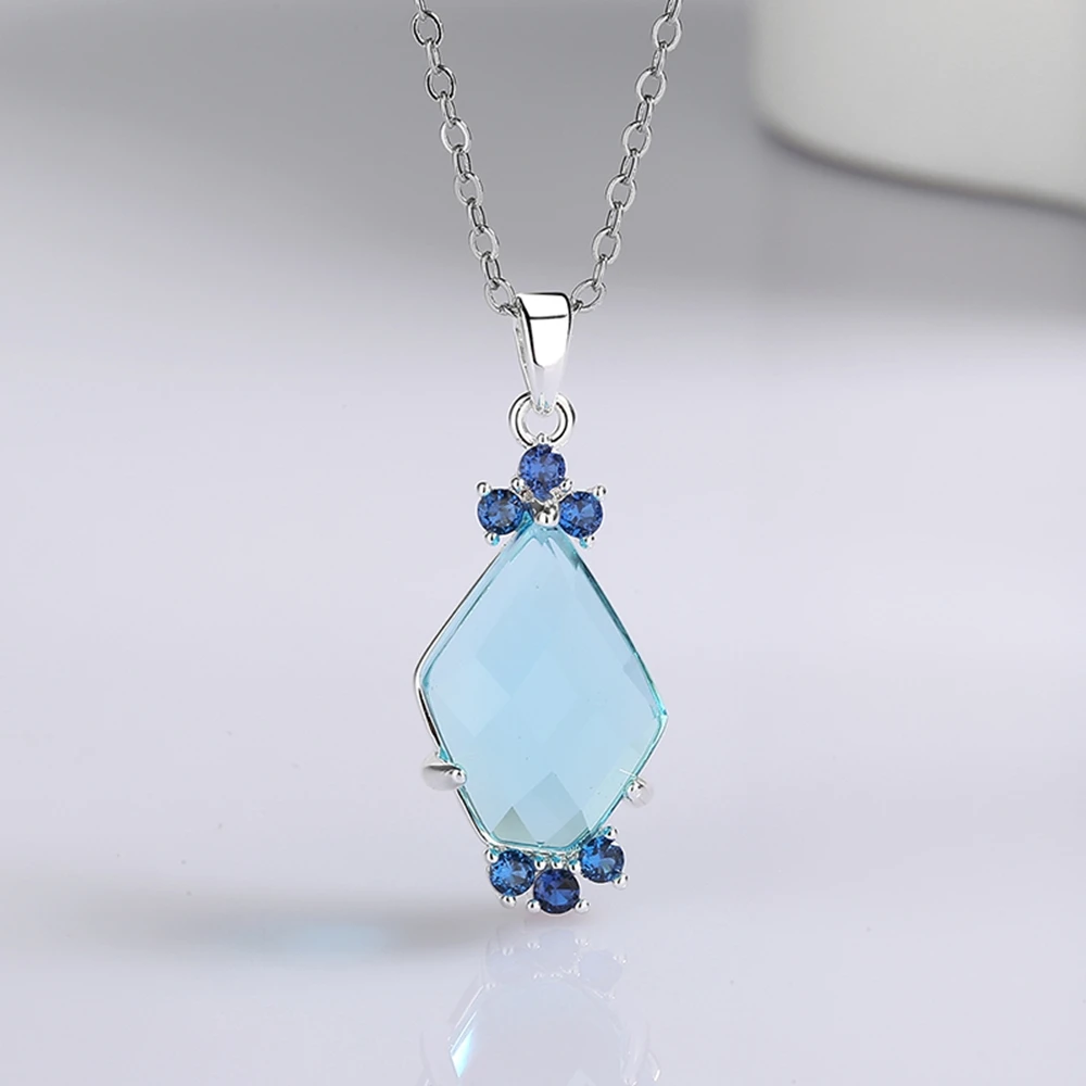 DreamCarnival1989 Delicate Aquamarine Pendant Necklace Women Pentagonal Zircon Wedding Party Sweater Jewellery Blue Tone WP7027