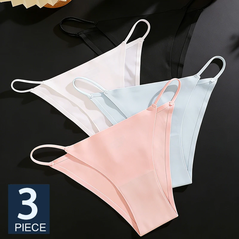 FINETOO 3Pcs Seamless Ice Silk Underwear New Color Sexy Thin Strap Briefs Girls Low Waist Breathable Panties No Trace Lingerie