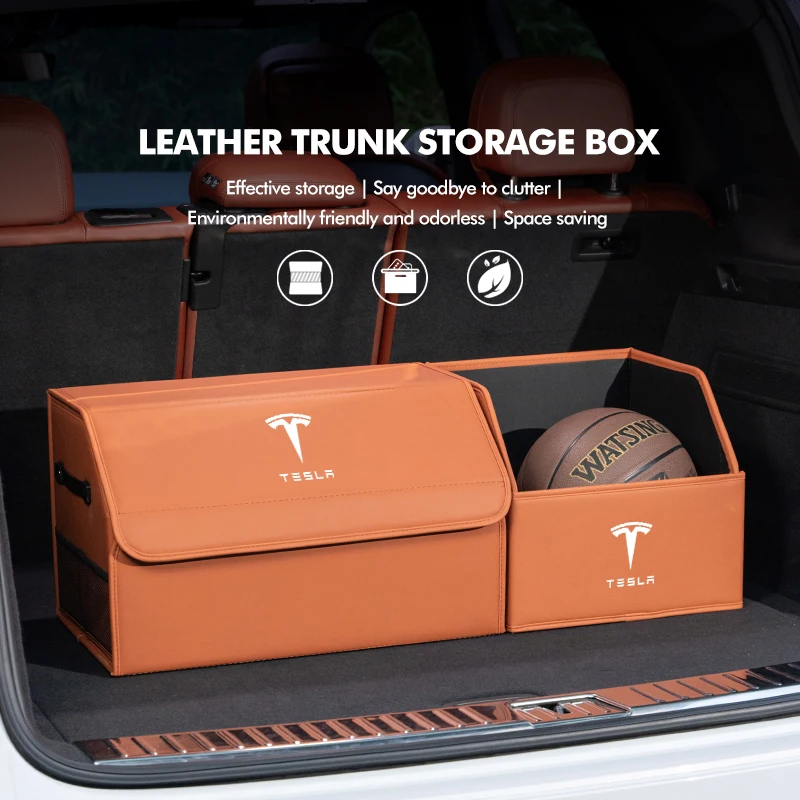 Leather Car Trunk Storage Box Multiuse Large Capacity Tool For Tesla Model 3 Y S X Roadster