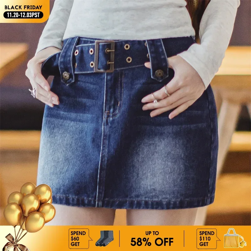 

Maden Women's Summer Vintage Blue Denim Mini Skirt Y2K Cat Whisker Skirt Denim Bottom for Street Style Belted Pocket Short Skirt