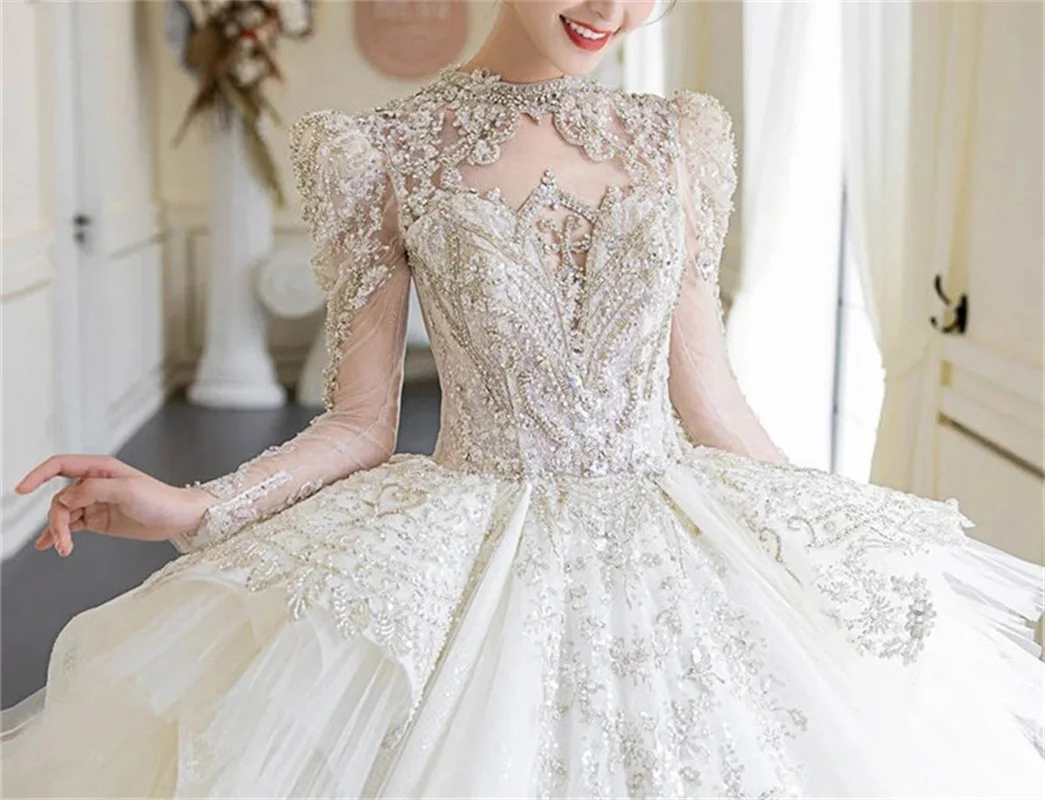 Dubai arábia gola alta mangas completas vestido de casamento vestido de baile luxruy cristal vestidos de noiva lantejoulas pérolas igreja robe de mariée