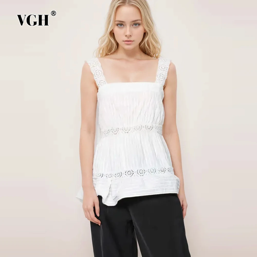 VGH Solid Hollow Out Patchwork Lace Tank Tops For Women Square Collar Sleeveless Backless Minimalist Tunic Vests Female Fashion