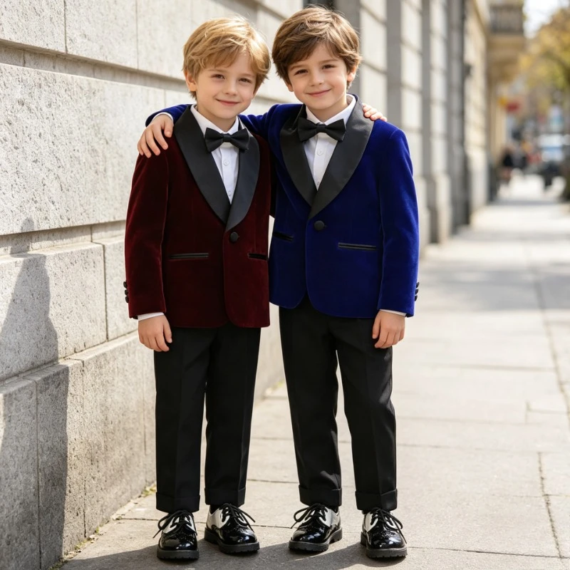 Boys Velvet Tuxedo Suit Blazer Pants Shirt Bow Tie Kids Ring Bearer Outfit Christmas Party Wedding Birthday Piano Formal Costume