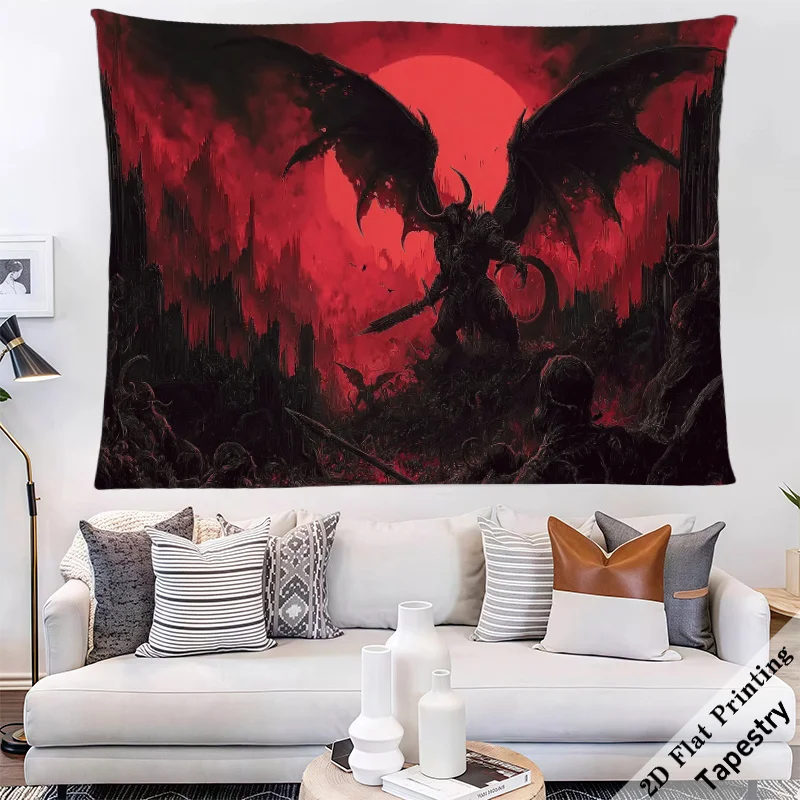 Dramatic Gothic Demon Art Tapestry Large 180x280cm Red Sunset Fantasy Halloween Wall Decor Artwork Decoration