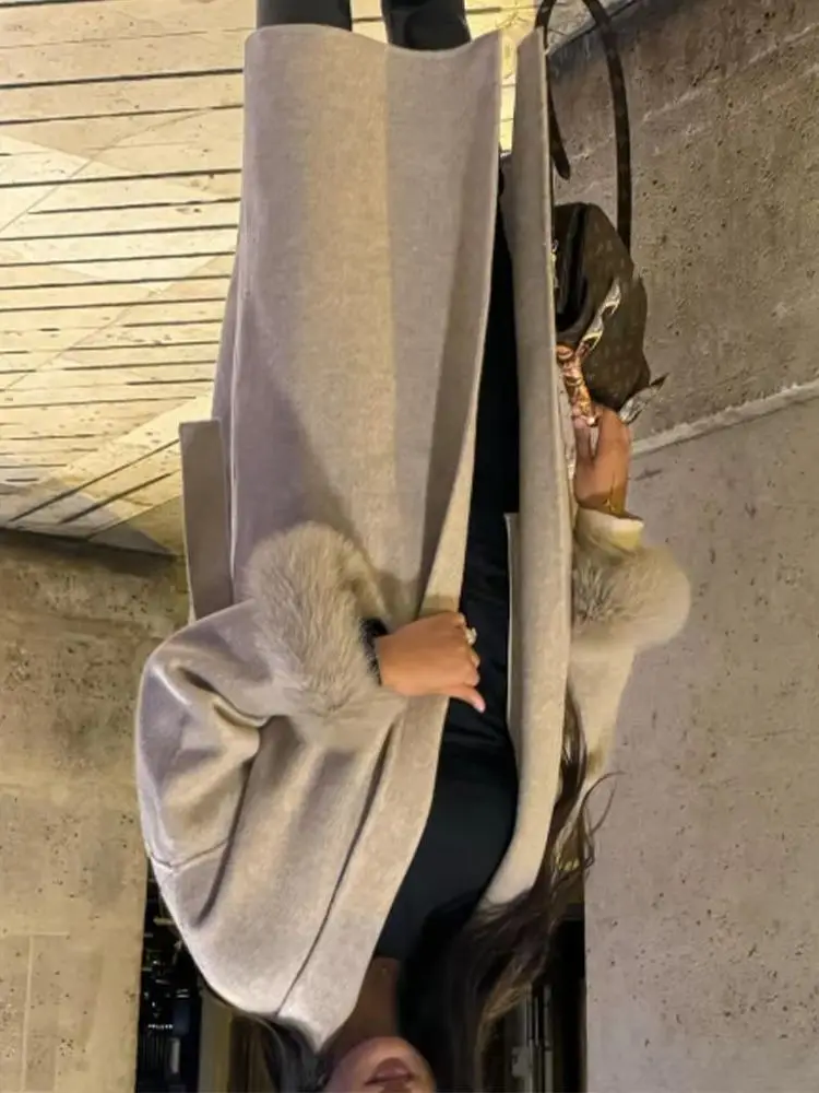 

HH Woman Winter Fashion Long Sleeves Lace-up Belt Decoration Solid Long Coat Female Commuting Pockets Furry Cuffs Loose Coat