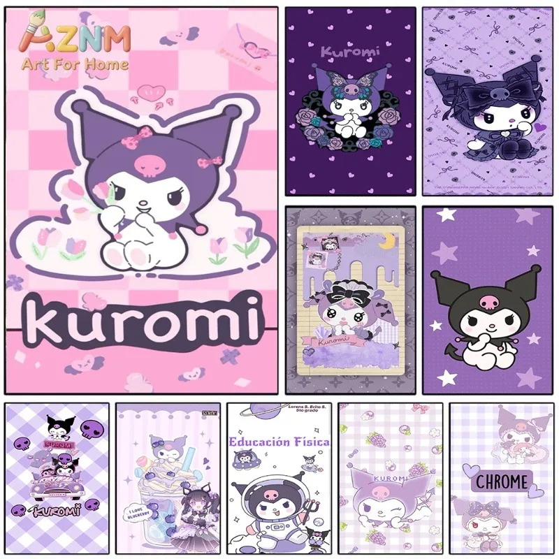 Sanrio Kuromi Pink Checkered Tulip Canvas Wall Print No Frame Cute Cartoon Dark Devil Character Poster Pastel Purple Series Room
