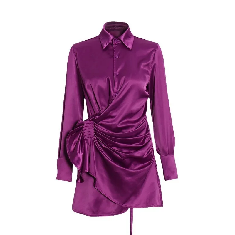 HKSH خريف جديد إمرأة فستان قصير بدوره إلى أسفل طوق كم طويل الخصر Cinching مطوي غير المتكافئة أنيقة فساتين عصرية HK9954