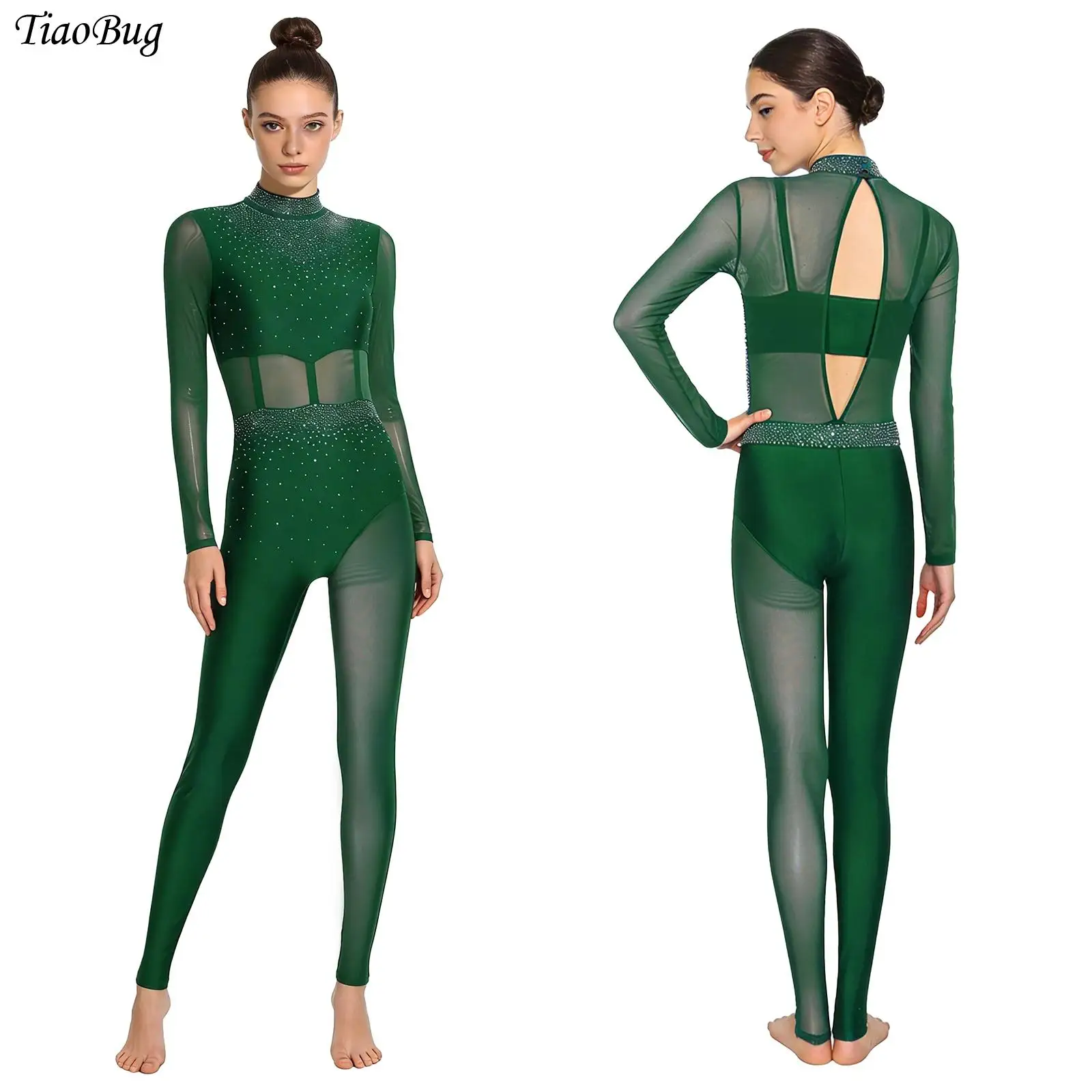 

Женский гимнастический комбинезон со стразами, прозрачная сетка, лоскутное боди с вырезом сзади, полная длина, балетный костюм для фигурного катания, танцевальный костюм