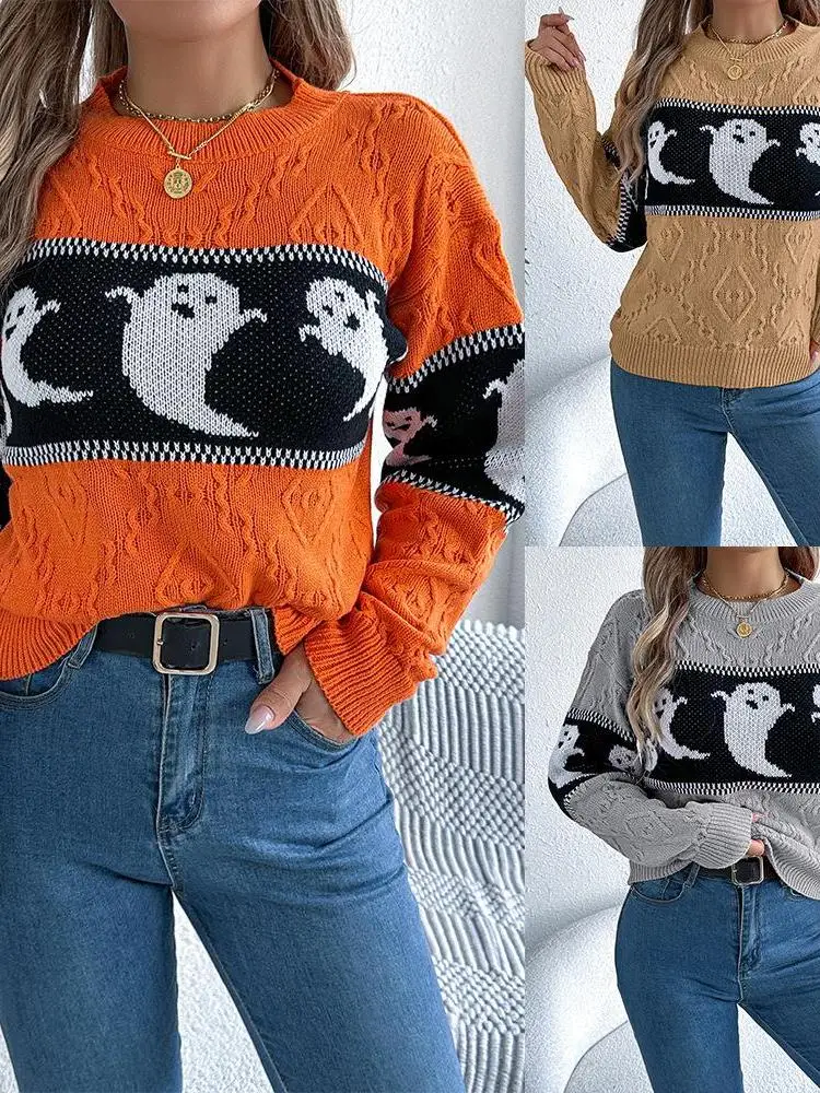 

Halloween Ghost Long Sleeve Pullover Sweater Women's Cleanfit Loose Style Inner Wear Ultra Thin Winter Fashion Ladies Knitwear