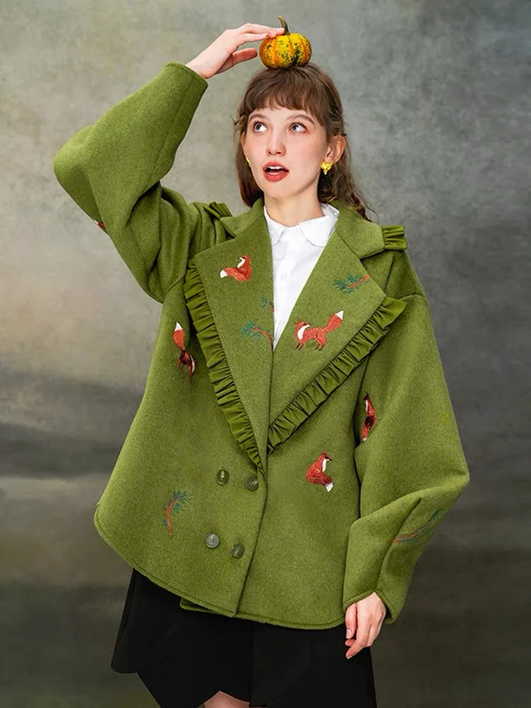 

Autumn Winter Original Design Women All-match Cool Exquisite Cute Foxes Embroidered Oversized Green Woolen Coats