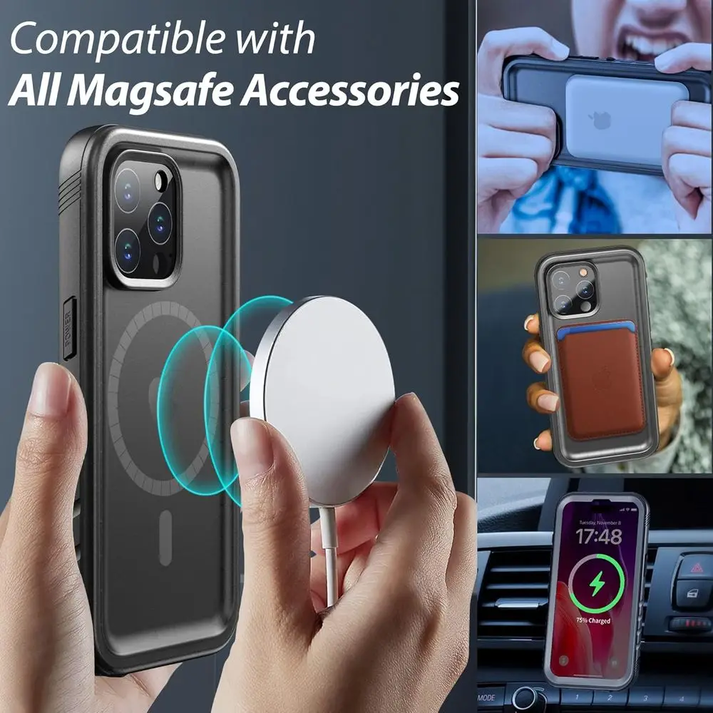 حافظة iPhone 15 Pro Max مقاومة للماء مع واقي شاشة مدمج، متوافقة مع MagSafe، تصنيف IP68، حماية مقاومة للصدمات والغبار 6.7