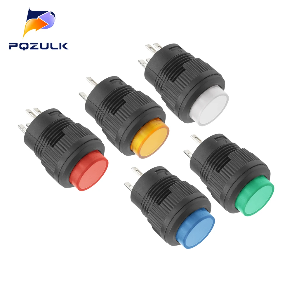 5 uds R16-503 interruptor de botón con luz Jog reinicio interruptor de bloqueo automático redondo 4 pines 2 pines 16MM con luz LED 3V