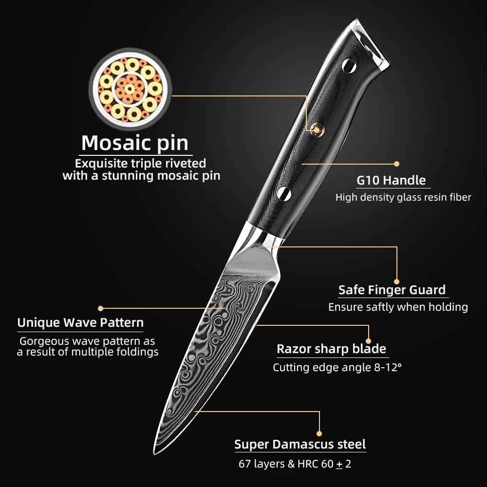 Kitchen Fruit Paring Knife Damascus Steel 3.5inch Peeling Knife Ultra Sharp Full Tang VG10 Handle With Box