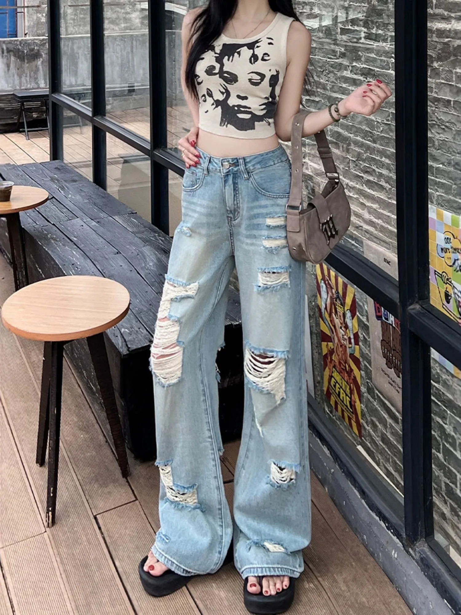 Women High Waist Ripped Wide Leg Jeans Y2K Vintage Distressed Baggy Denim Pants Summer 2026 Streetwear