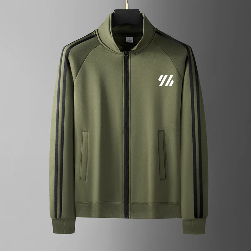 Men Casual Sports Track Jacket Stand Collar Full Zip 3 White Stripes Long Sleeve Sportswear Male Gym Running Training Outer Coat