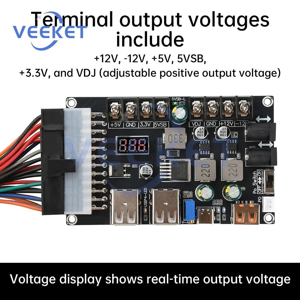 

20/24Pin ATX Power Supply Breakout Board Desktop Chassis Power Module USB Fast Charging Adjustable Voltage Type C