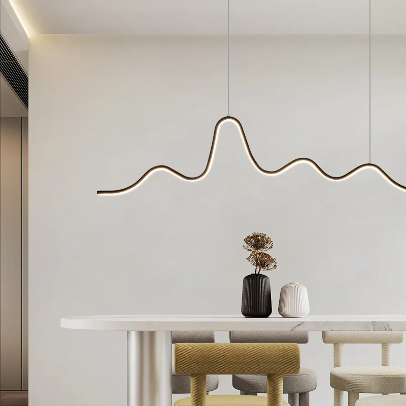 Minimalist Copper Wave Line Chandeliers Dining Room Kitchen Bar Hanging Lighting Fixtures 3 Color Temperature Dimming