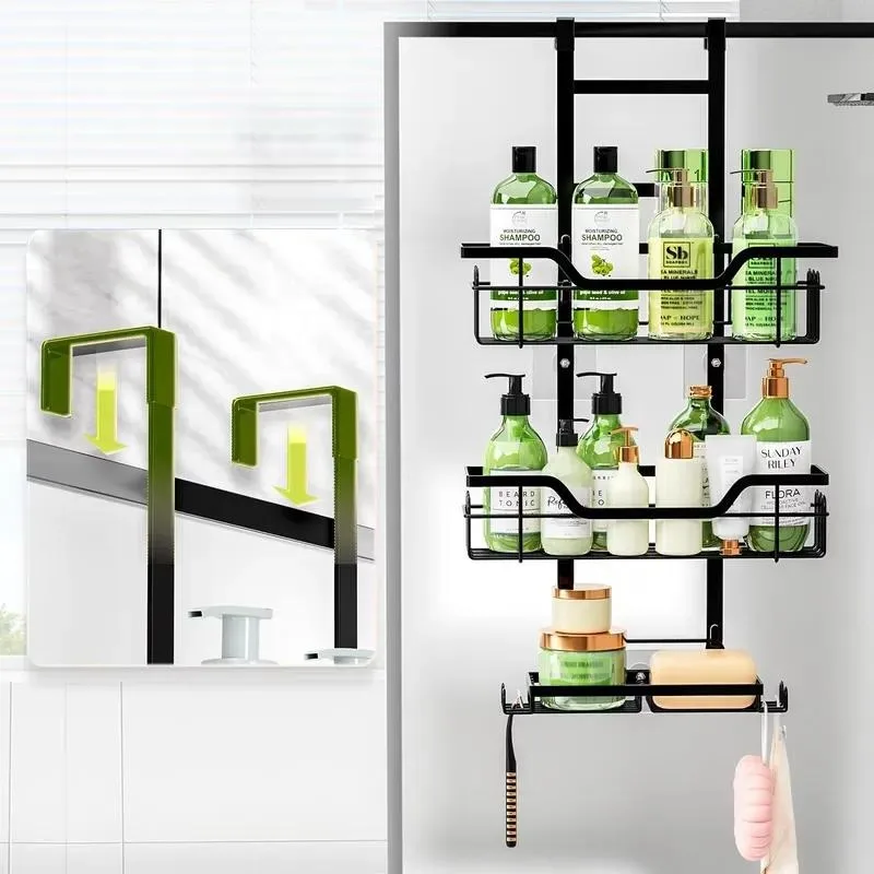 Drill-Free Bathroom Shelf Over Door Hanging Organizer Wall-Mounted Basket Rack Multi-Layer Shower Room Storage Shelf for