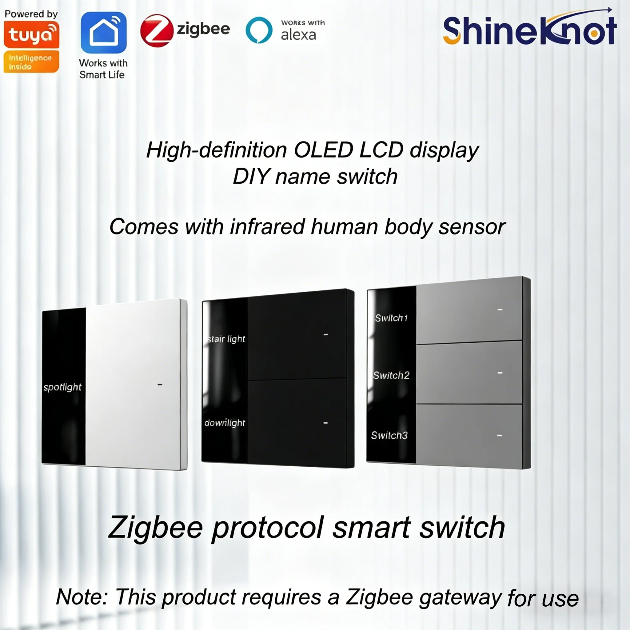 

Tuya Zigbee Diy Name Switch High-Definition Oled Display Built-In Infrared Human Body Sensorzero-Line Version Smart Switch