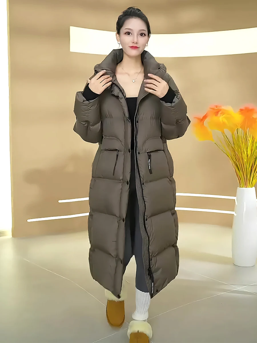 패셔너블 캐주얼 고급 화이트 다운 재킷 여성용 트렌디 후드 스탠드 칼라 롱 코트 2025년 겨울 신상품