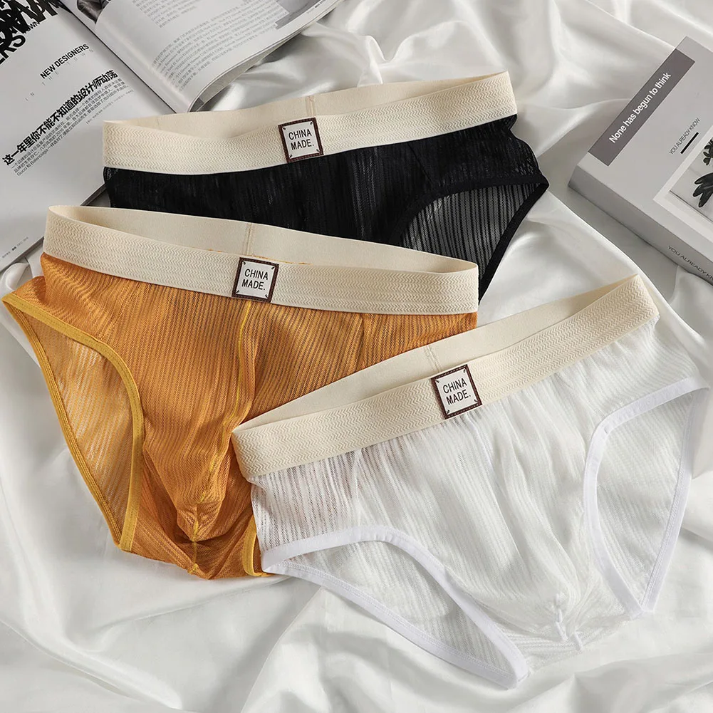 

Мужское сетчатое полосатое прозрачное хлопковое нижнее белье, эластичные трусы, тонкие дышащие трусики-бикини, быстросохнущее белье, модное белье Calcinha