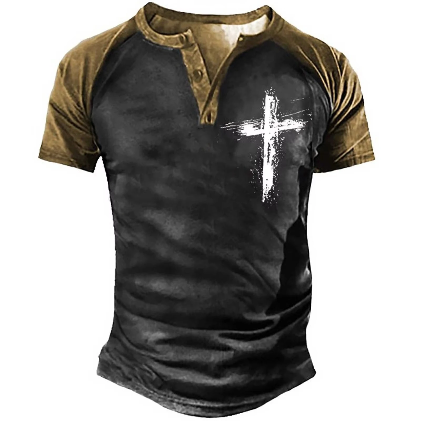 

Summer Jesus Christ Cross 3D Print Henley Shirts Men's Vintage Streetwear Oversized Button Short Sleeve T Shirt Top Man Clothing