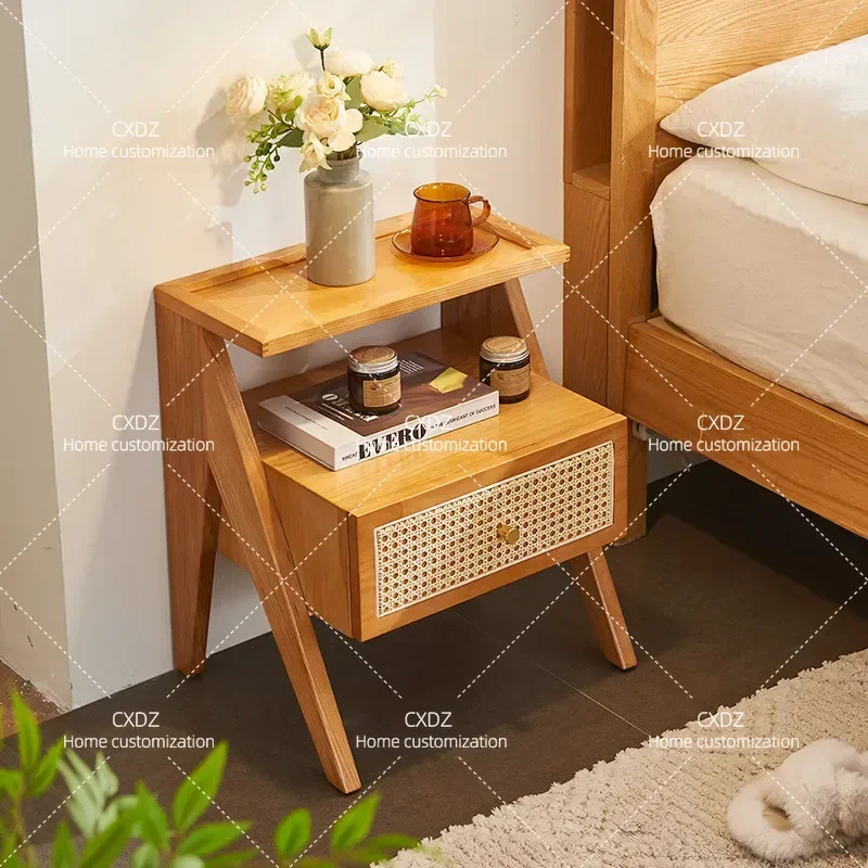 Nordic Wabi-Sabi Solid Wood Rattan Bedside Table Japanese Style Small Side Cabinet Storage Locker Modern Simple Home