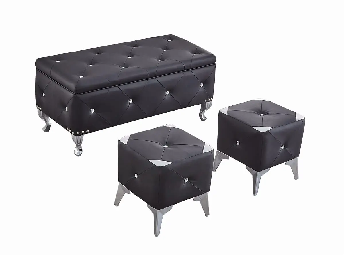 Faux Leather Storage Ottoman Bench Set Foot Rest Stools Living Room Bedroom 2pcs Upholstered Black, Customized