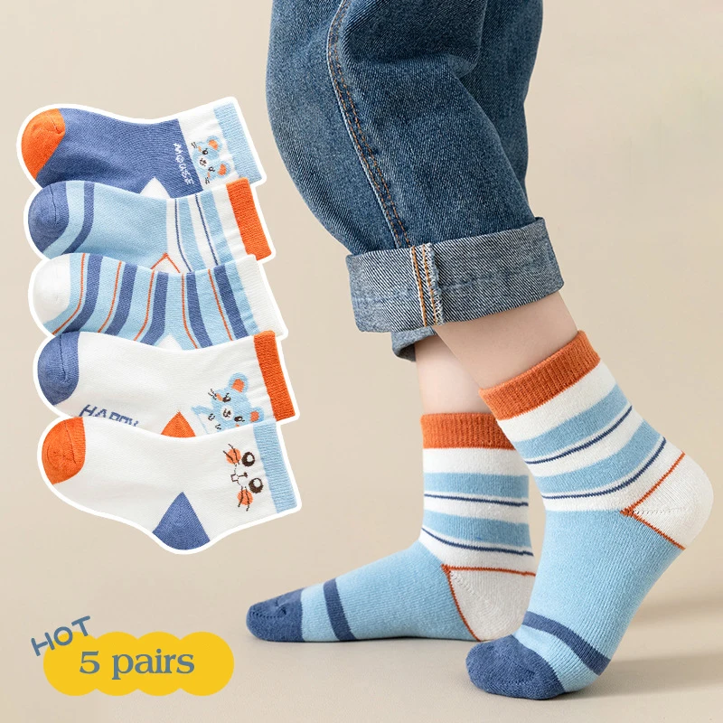 5Pairs Autumn Children Mid Tube Sock Sweat Absorption Breathable Kids Sports Cotton Socks Cute Cartoon Boys Girls Footwear 1-13Y