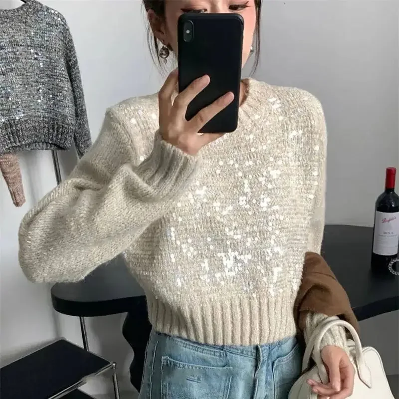 

Sequins Sweater Women Autumn Winter New Fashion Long Sleeve O Neck Short Pullover Chic Casual Knitted Top Vintage Jumpers