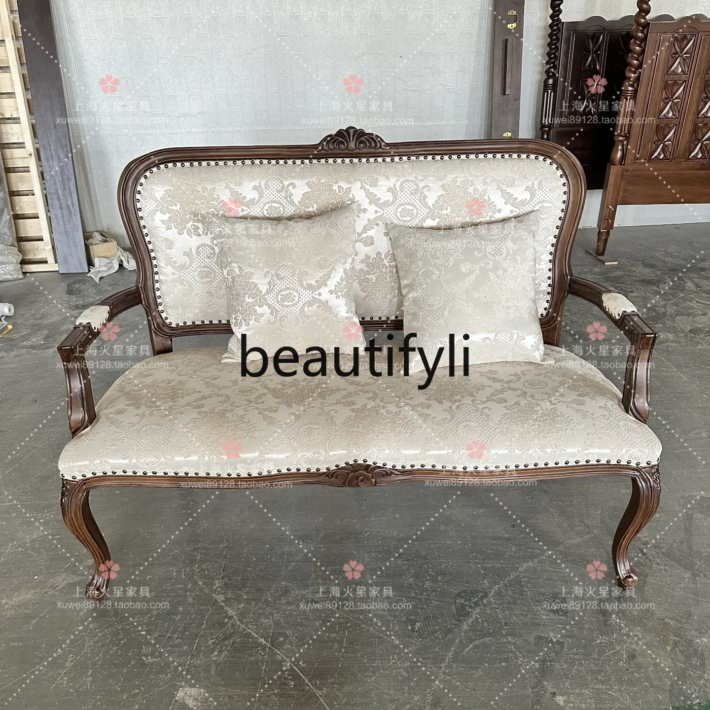 

A16 French antique style solid wood carving flower double sofa retro fabric reception leisure chair