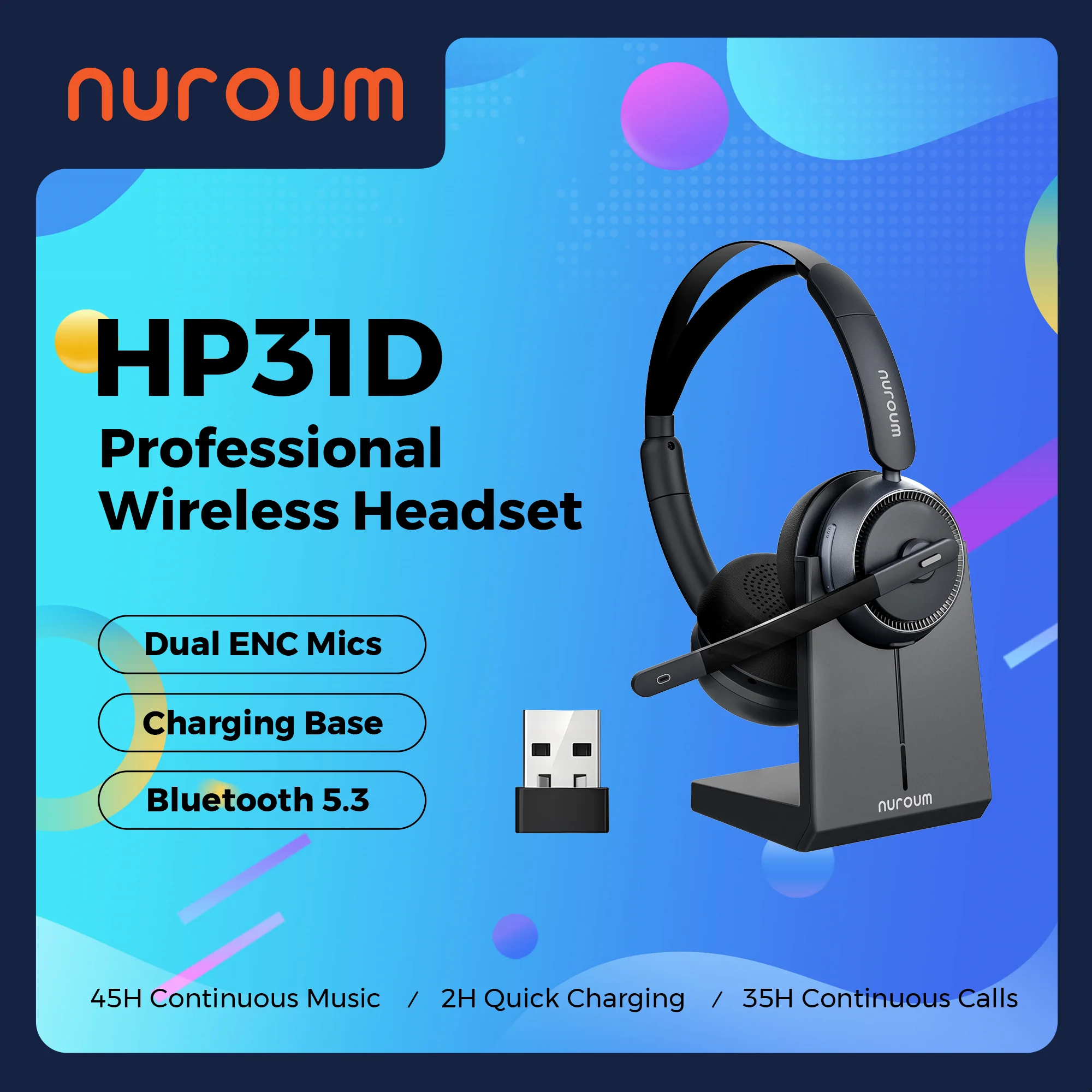 Nuroum HP31D Wireless AI Noise Cancellation Headset With Charging Stand Mics Bluetooth USB/Type-C/Type-A For Computer Phone