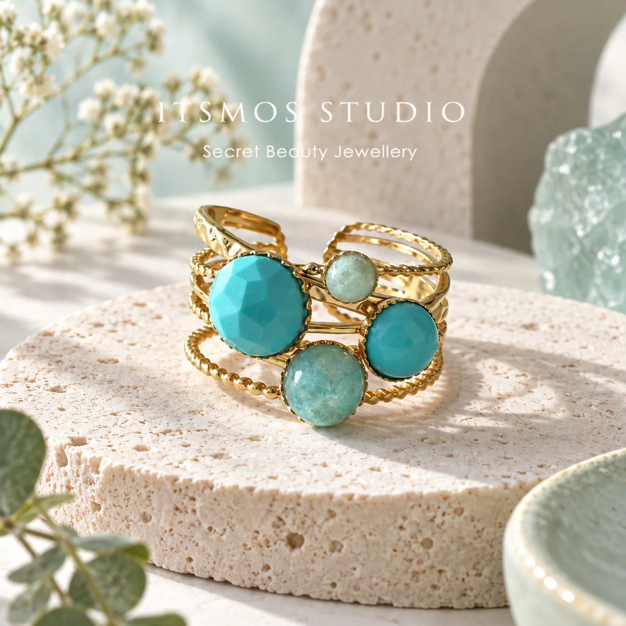 ITSMOS Healing Crystal Multi-Stone Ring/Genuine Amazonite Turquoise 316L Stainless Steel Bold Gold Maximalist Bands for Women