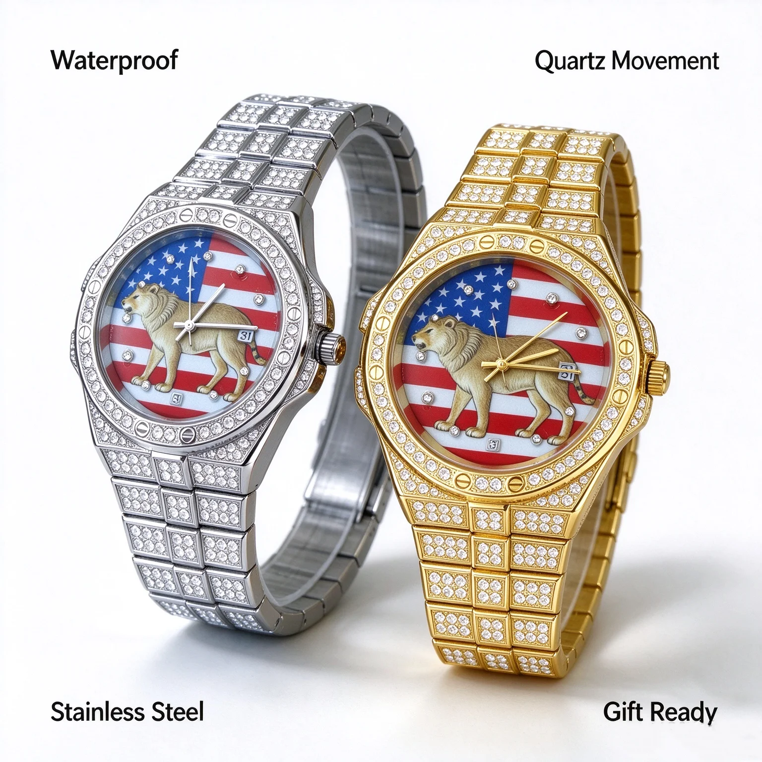 Men's Full Diamond Hip-Hop Quartz Watch, Featuring an American Flag and Lion Pattern on the Dial, Dual-tone Gold and Silver, wit