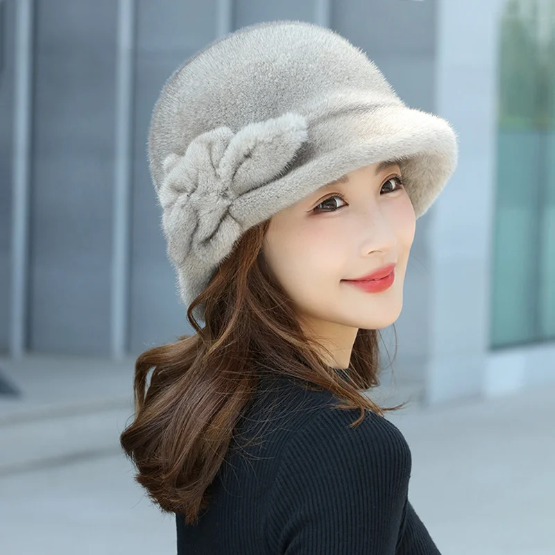 100% Real Mink Fur Hat Edamame Beanie For Girls Soft Thickened Furry Beret Ladies Hat Elegant Winter Outdoor Windproof  Warm Hat