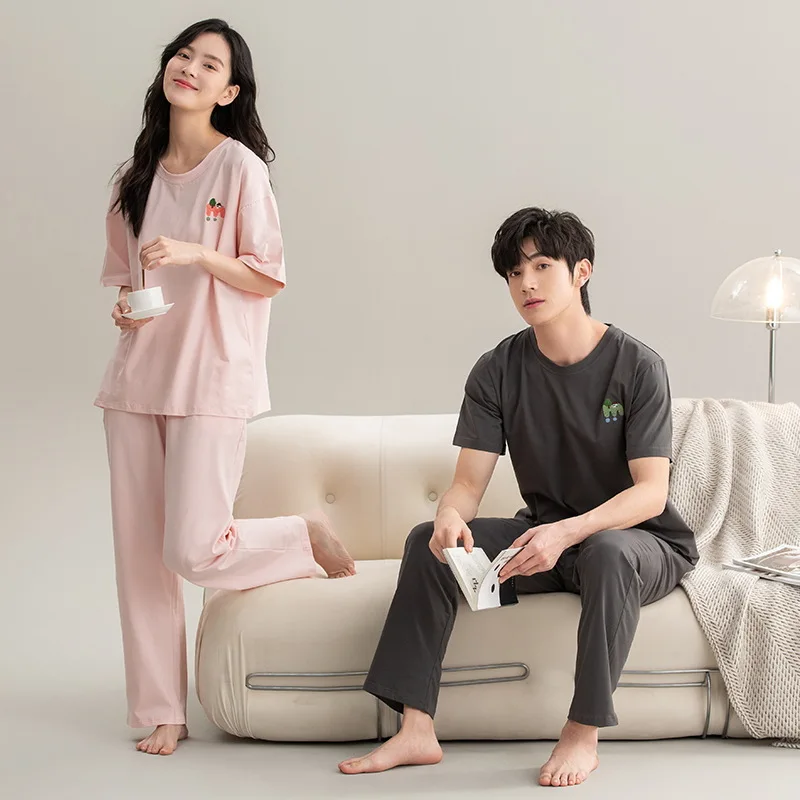 

Newest Women Man Couples Cotton Pajamas Sets Fashion Lovers Leisure Spring Summer Printing Nightwear Simple Soft Home Clothes