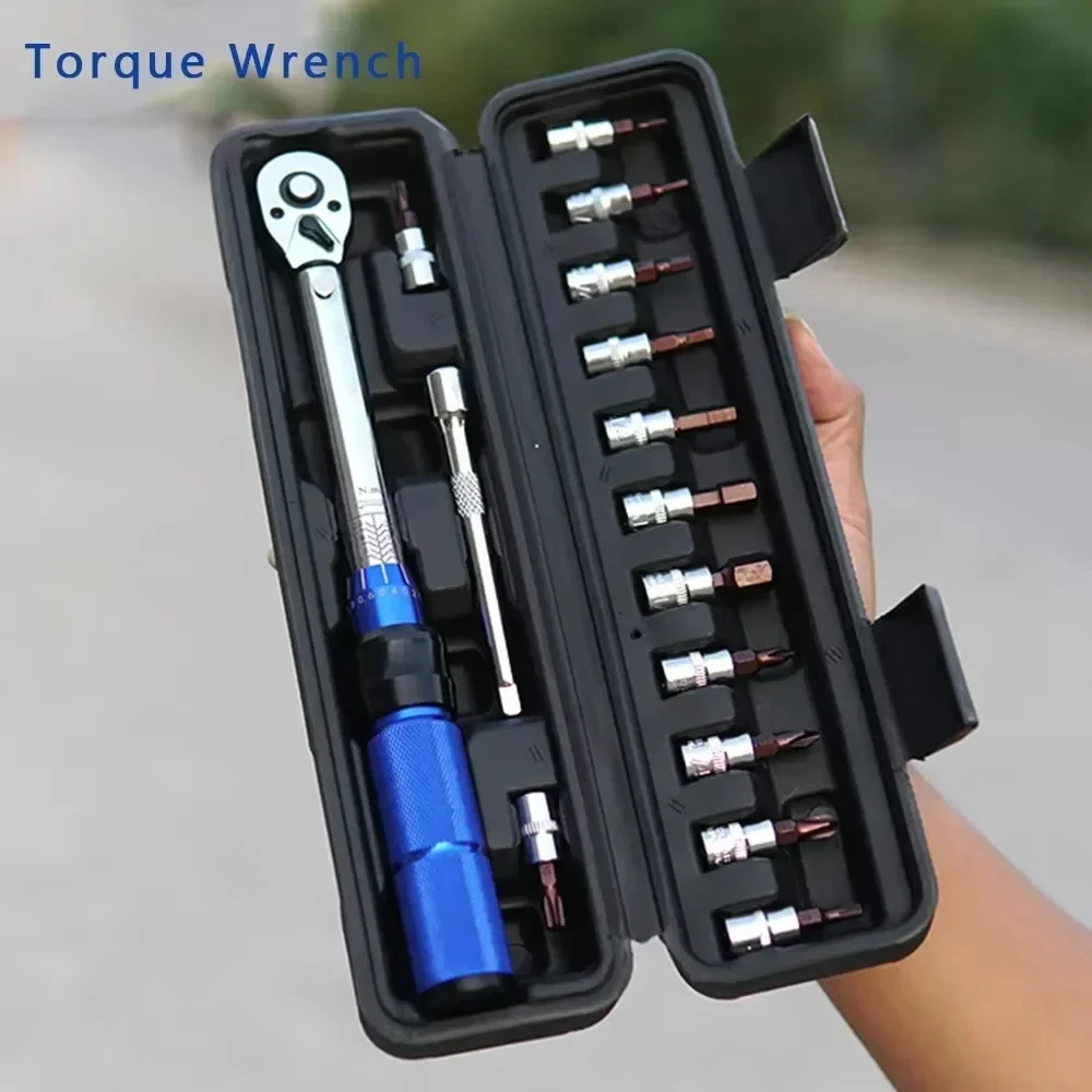 

15-Piece Bicycle Torque Wrench Set 1/4" 2-24Nm Two-Way Bicycle Hex Wrench Tool Socket Preset Hand Tools Wrench Repair Kit